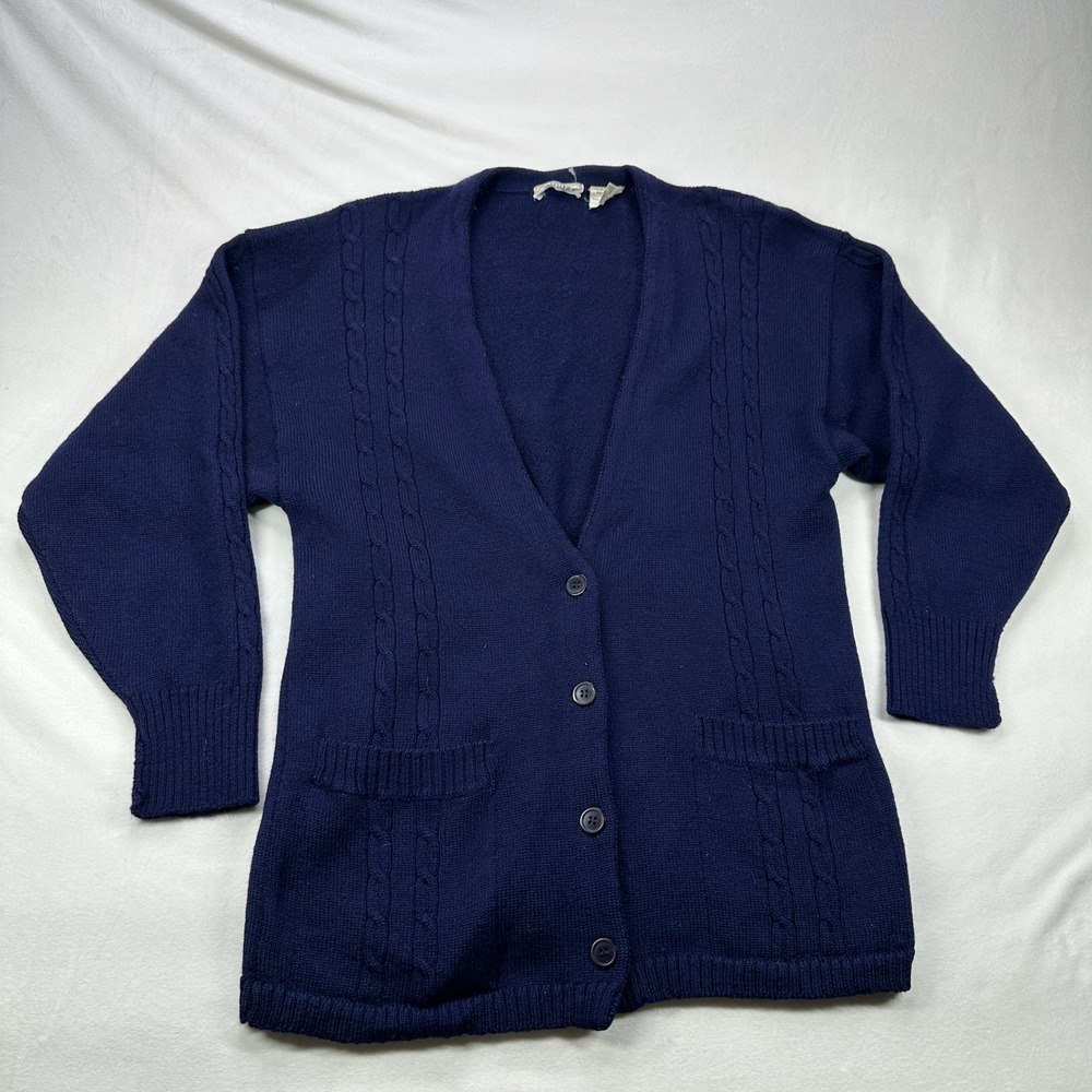 Ann Taylor Vintage Navy Blue Cable Knit Wool Cardigan Sweater‎ L Pockets Button